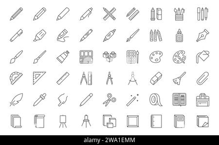 Zeichentools Linie Symbolsatz. Bleistift, Lineal, Radiergummi, Liner Marker, Textmarker, Skizzenbuch, Notizbuch, Pinsel minimale Vektorabbildungen. Einfach Stock Vektor