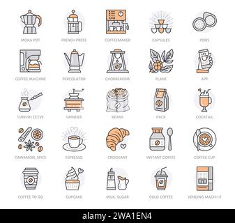 Symbolgruppe „Coffee To Go“. Croissant, Cupcake, Kaffeemaschine, französische Presse, Espresso, türkisch, Cocktail Minimal Vektor Illustration. Einfache Gliederung Stock Vektor