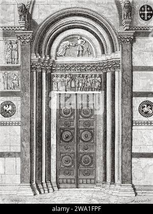 Seitentür im Duomo di San Martino. St. Martin Kathedrale, Lucca. Toskana, Mittelitalien. Europa. Kleine Städte und große Kunst in der Toskana von Henri Belle (1837–1890) Alter Stich aus dem 19. Jahrhundert aus Le Tour du Monde 1880 Stockfoto