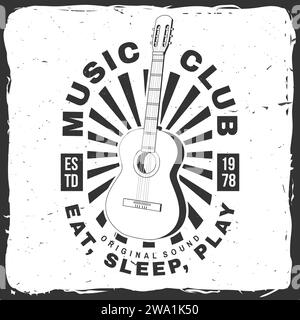 Musikclub-Logo, Abzeichen, Label. Retro-Poster, Banner mit klassischer Akustikgitarre und sonnengestrichenem Vintage-Design für T-Shirt, Emblem, Logo Stock Vektor