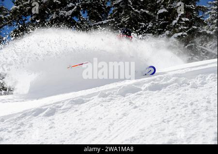 Ein Mann, der an einem Pulverschnee-Tag in einem Bergresort in der Nähe von South Lake Tahoe, Kalifornien, Ski fährt. Stockfoto
