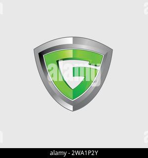 Ein Logo mit einem Metallic-Schild mit einem Buchstaben G in Grün und einem silbernen Rand, gestaltet mit Farbverläufen und einem 3D-Effekt. Stock Vektor