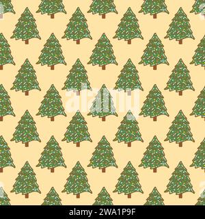 Nahtloses Muster mit Weihnachtsbaum, der mit Kugeln verziert ist. Bunte Hand gezeichnete Vektor Illustration Doodle. Festliche Winterferien. Drucken für wr Stock Vektor