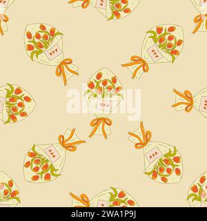 Nahtloses Muster. Strauß aus OrangenTulpen in Kraftverpackung, gebunden mit Band. Liebeserklärung ist an Papier angeheftet. Bunte Vektor-Illustration handgezeichnet Stock Vektor