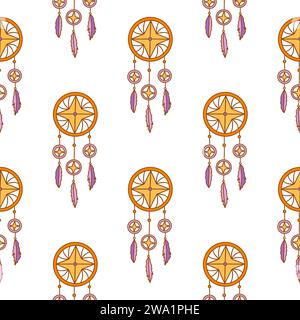 Nahtloses Muster mit Traumfänger mit drei lila Federn und gelben Sternen. Schutzamulett gegen Schlaflosigkeit und Alpträume. Bunter Vektor Abb. Stock Vektor