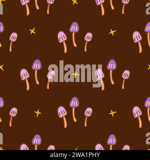 Nahtloses Muster mit essbaren violetten Pilzen auf dünnem Stiel und Sternen. Bunte Vektor-Illustration Hand gezeichnet Doodle. Brauner Hintergrund. Waldhafen Stock Vektor