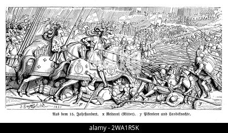 Mittelalterliche Armee des 15. Jahrhunderts, Schlacht mit Ritterlichkeit und Landsquenetten, Söldnertruppe Stockfoto