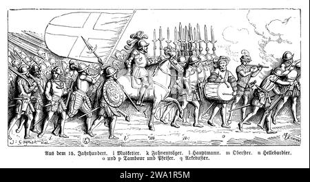 Mittelalterliche Armee des 15. Jahrhunderts; Musketiere, Standardträger, Kapitän, Reitkommandant, Halberdier, Schlagzeuger, Piper, Arquebusier Stockfoto
