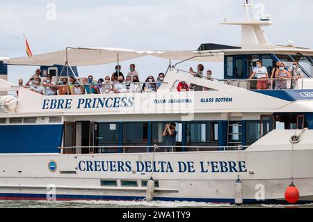 flussrundfahrt Boot, Ebro Fluss, Ebro Delta, Katalonien, Spanien Stockfoto