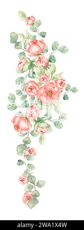 Aquarell handgemalt Pfingstrose Blumen und grünes Blumenstrauß Clipart, zarte Gartenfloralen Rahmen Arrangement Illustration, Hochzeitskarte Grenze Dekora Stockfoto