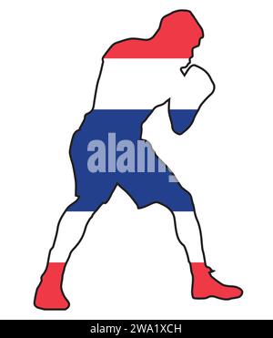 Silhouette eines schweren Boxers im Umriss über der Nationalflagge Thailands Stock Vektor