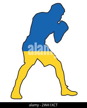 Silhouette eines schweren Boxers in Umriss über der Nationalflagge der Ukraine Stock Vektor