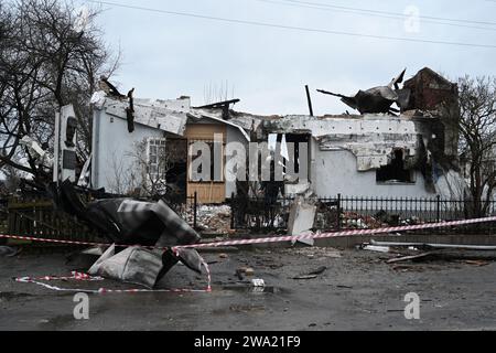 Lemberg, Ukraine - 1. Januar 2024: Zerstörte das Römische Shukhevych-Museum nach einem russischen Drohnenangriff in Lemberg. Stockfoto