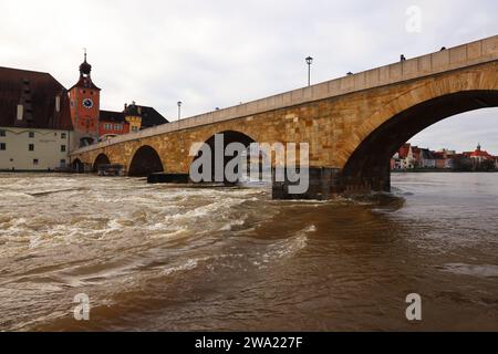 Regensburg, Bayern, Oberpfalz, Donau, Fluss, Steinerne Brücke, Überschwemmung an der Donau in Regensburg Stockfoto