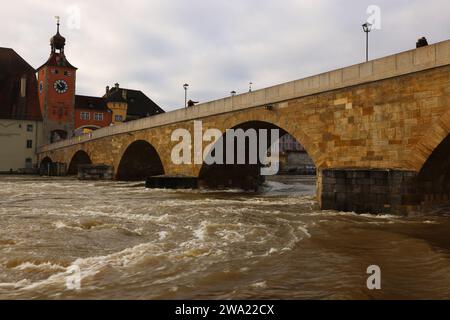 Regensburg, Bayern, Oberpfalz, Donau, Fluss, Steinerne Brücke, Überschwemmung an der Donau in Regensburg Stockfoto