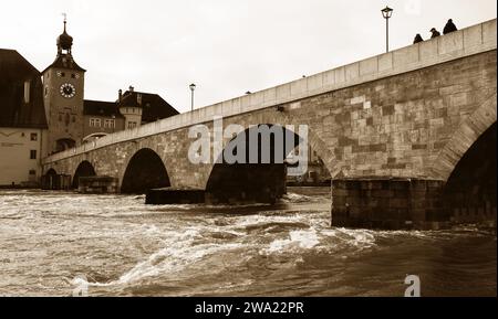 Regensburg, Bayern, Oberpfalz, Donau, Fluss, Steinerne Brücke, Überschwemmung an der Donau in Regensburg Stockfoto