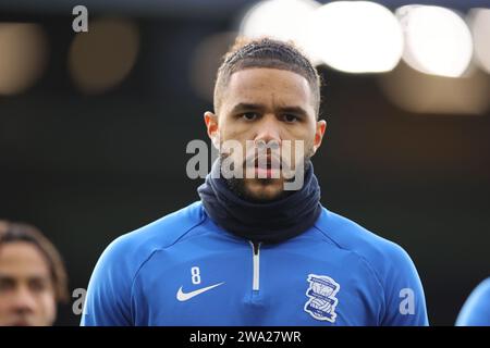 Leeds am Montag, 1. Januar 2024. Tyler Roberts aus Birmingham City wärmt sich vor dem Sky Bet Championship-Spiel zwischen Leeds United und Birmingham City am Montag, dem 1. Januar 2024, in der Elland Road in Leeds auf. (Foto: Pat Isaacs | MI News) Credit: MI News & Sport /Alamy Live News Stockfoto