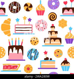 Nahtloses Muster für Gebäck auf weißem Hintergrund. Bunte gebackene gesunde Lebensmittel wiederholen Fliesen flach Design. Dessert Elements Kuchen Donut Cupcake Croissant Wallpa Stock Vektor