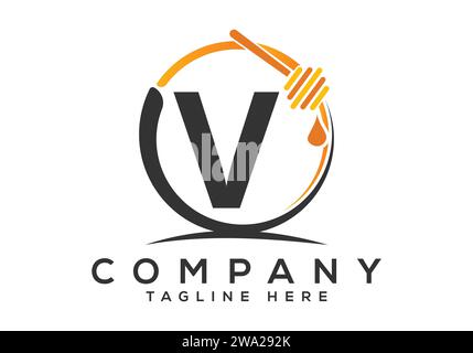 Bienenwabenlogo mit V-Letter-Konzept. Honiglogo Schriftart Emblem Vektor Illustration Stock Vektor