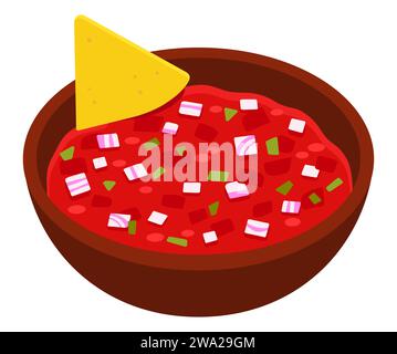 Mexikanische Salsa-Tomatensoße mit Maistortilla-Chips (Nacho)-Zeichentrickzeichnung. Illustration isolierter Vektorgrafik. Stock Vektor