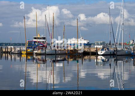 Fischerhafen an der Kieler Förde in Möltenort am frühen Morgen im Sommer, die Norwegenfähre Farbmagie auf dem Weg zum Norwengekai in Kiel *** Fischerhafen am Kieler Fjord in Möltenort am frühen Morgen im Sommer, die Norwegenfähre Farbmagie auf dem Weg zum Norwengekai in Kiel Stockfoto