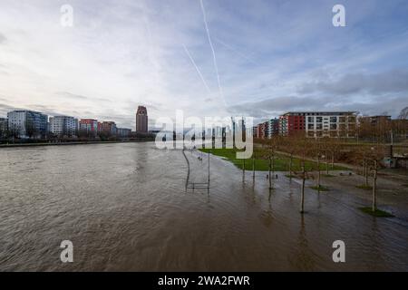 Deutschland - Hessen - Frankfurt am Main - 29.12.2023 / Impressionen aus Frankfurt am Main / Hochwasser mit dem Blick auf die Frankfurter Skyline Impressionen aus Frankfurt am Main *** Deutschland Hessen Frankfurt am Main 29 12 2023 Impressionen aus Frankfurt am Main Hochwasser mit Blick auf die Frankfurter Skyline Impressionen von Frankfurt am Main Stockfoto