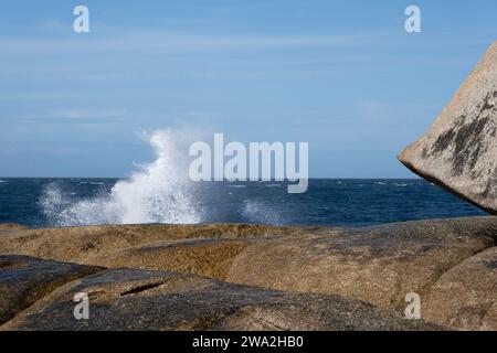 Blowhole in den Granitfelsen am Bicheno Beach, Tasmanien, Australien. Wasserstrahlen, die aus dem Loch kommen, sind kraftvoll, das Wasser nimmt neue Formen an Stockfoto