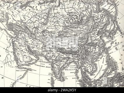 Eine historische Schwarzweißkarte Asiens auf weißem Hintergrund. Stockfoto