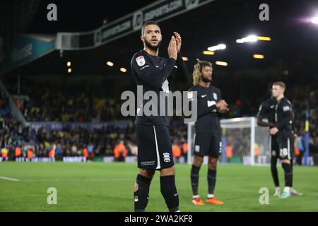 Leeds am Montag, 1. Januar 2024. Die Spieler von Birmingham City applaudieren den Fans nach dem Spiel der Sky Bet Championship zwischen Leeds United und Birmingham City in der Elland Road, Leeds am Montag, 1. Januar 2024. (Foto: Pat Isaacs | MI News) Credit: MI News & Sport /Alamy Live News Stockfoto