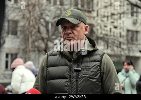 Nicht exklusiv: ODESA, UKRAINE - 01. JANUAR 2023 - Odesa-Bürgermeister Hennadii Truchanov spricht mit den Medien, Odesa, Süd-Ukraine. Stockfoto