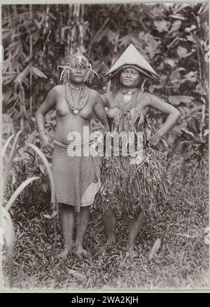 Porträt von zwei unbekannten jungen Frauen auf Pagai in der Gestation der Insel, 1891 - 1912 Fotografieren zwei junge Frauen auf Pagei in der Gestation der Insel. Das rechte Mädchen trägt einen Korbrock und das linke trägt ein Tuch um die Taille. Auf dem Kopf tragen sie Verzierungen mit einem dreieckigen Hut und einem Stirnband mit einem Schilf darunter. Beide Frauen tragen Halsketten. Mentawai-Eilanden Papieralbumendruck anonyme historische Personen, dargestellt in einem Doppelporträt - BB - Frau. Volkstracht, regionale Tracht Mentawai-Eilanden Stockfoto