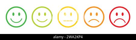 Bewertungsemojis in verschiedenen Farben. Feedback Emoticons Sammlung. Sehr glückliche, glückliche, neutrale, traurige und sehr traurige Emojis. Emojis mit flachem Symbol. Stock Vektor