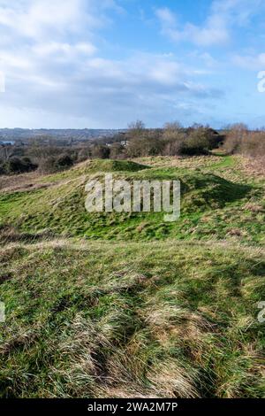 Bronze Age Round Barrows oder Tumuli im Naturschutzgebiet Magdalen Hill in der Nähe von Winchester, England, Großbritannien. Das sind geplante antike Denkmäler. Stockfoto
