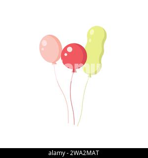 Ballons im flachen Cartoon-Stil zum Feiern und Karneval. Ballons für Geburtstage und Partys. Fliegender Ballon mit Seil. Rote, gelbe und grüne Kugel Stock Vektor