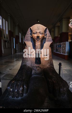 Kairo, Ägypten - 2. Januar 2024: Statue der Sphinx der Hatschepsut aus der Zeit des alten Ägypten im Kairoer Nationalmuseum Stockfoto