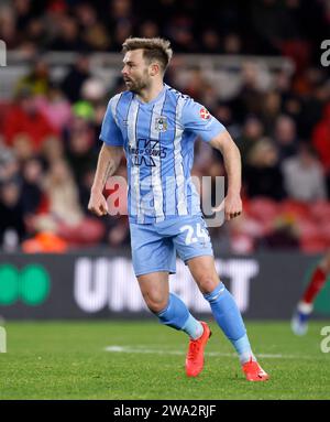 Matthew Godden aus Coventry City während des Sky Bet Championship Matches im Riverside Stadium in Middlesbrough. Bilddatum: Montag, 1. Januar 2024. Stockfoto