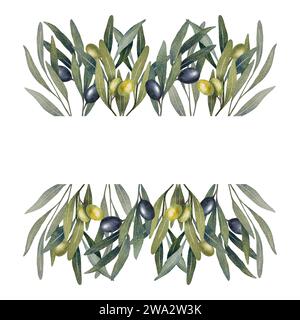 Rahmen mit Aquarell-Olivenbaumzweig mit Blättern und Olivenfrüchten mit Platz für Text isoliert auf weiß. Handgemalte Blumenabbildung für Stockfoto