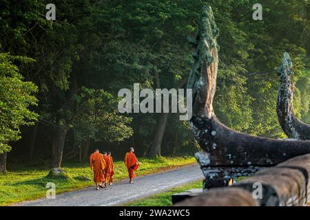 Buddhistische Mönche, die am Rande des Tempels Angkor Wat in Kambodscha vorbeilaufen Stockfoto