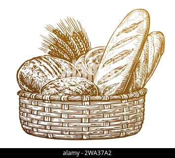Korb mit frisch gebackenem Brot und Weizen. Vektor-Illustration für Bäckerei Stock Vektor