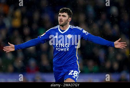 Tom Cannon aus Leicester City feiert das dritte Tor seiner Mannschaft Stockfoto