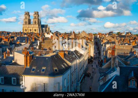 Frankreich, Loiret (45), Orleans, Blick von den Dächern des historischen Zentrums der Stadt mit der Kathedrale Sainte-Croix und der Bourgogne Straße Stockfoto