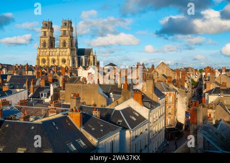 Frankreich, Loiret (45), Orleans, Blick von den Dächern des historischen Zentrums der Stadt mit der Kathedrale Sainte-Croix und der Bourgogne Straße Stockfoto