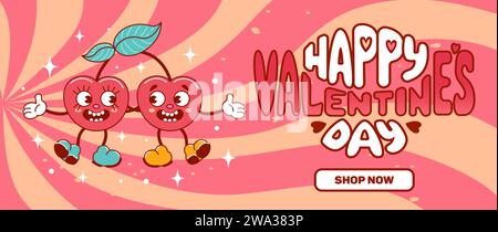 Horizontal banner for Valentines Day. A couple of cherries in love dance and smile. Funny cute characters with faces. Comic elements in trendy old ret Stock Vektor
