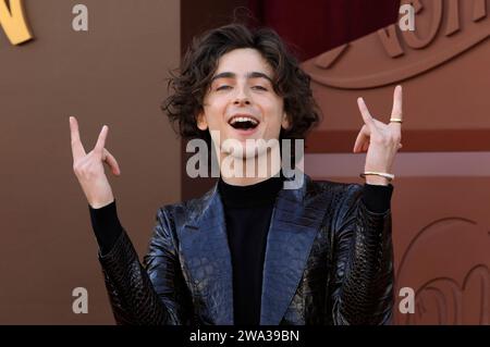 10. Dezember 2023, Los Angeles, Kalifornien, USA: Timothee Chalamet bei der Los Angeles Premiere von Warner Bros Wonka im Regency Village Theatre. (Kreditbild: © Nina Prommer/ZUMA Press Wire) NUR REDAKTIONELLE VERWENDUNG! Nicht für kommerzielle ZWECKE! Stockfoto