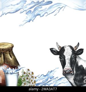 Ein Rahmen mit einer Kuh und Milchprodukten und einem Spritzer Milch. Eine handgezeichnete Aquarellillustration. Für Werbebanner für Milch, Verpackung von Milchprodukten Stockfoto