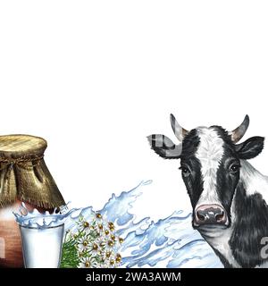 Ein Rahmen mit einer Kuh und Milchprodukten und einem Spritzer Milch. Eine handgezeichnete Aquarellillustration. Für Werbebanner für Milch, Verpackung von Milchprodukten Stockfoto