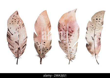 Aquarellfedern im Boho-Stil mit indischem Ornament. Sammlung von Hippie-Quills-Aquarellzeichnungen Stock Vektor