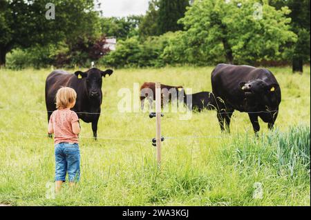 Süßer kleiner Junge, der sich im Sommer auf der Farm ausruht und Kühe beobachtet Stockfoto