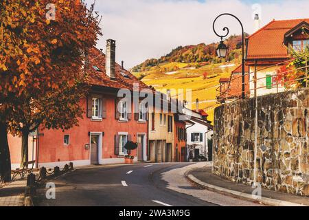 Kleine Gassen des mittelalterlichen schweizer Dorfes Saint-Saphorin, Lavaux Weinberge Stockfoto