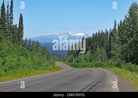 Eine schmale, verkehrsfreie Straße führt durch zerklüftete Berglandschaften, Wälder und schneebedeckte Berge, Wildnis, Stewart Cassiar Highway, British Col Stockfoto